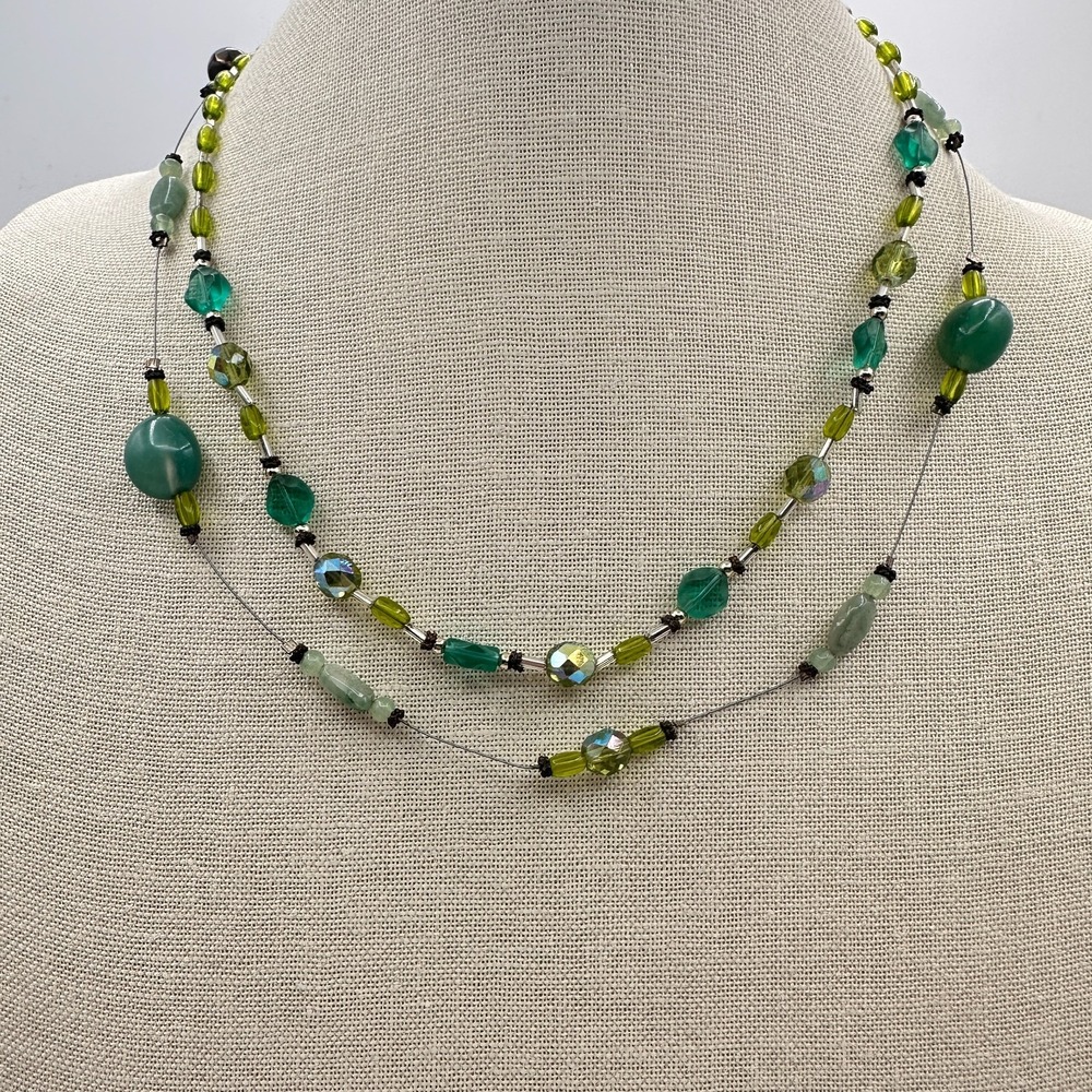 Vintage 90s Multi Layer Green Glass Bead Necklace Illusion Silver Tone Jewelry